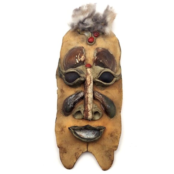 Handmade African Tribal Mask Ethnic Shell Feathers Bone Nuts Wall Decor - Picture 1 of 9
